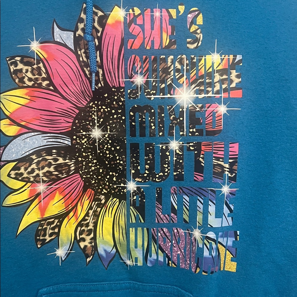 Blue Hoodie with Colorful Sunflower Graphic
